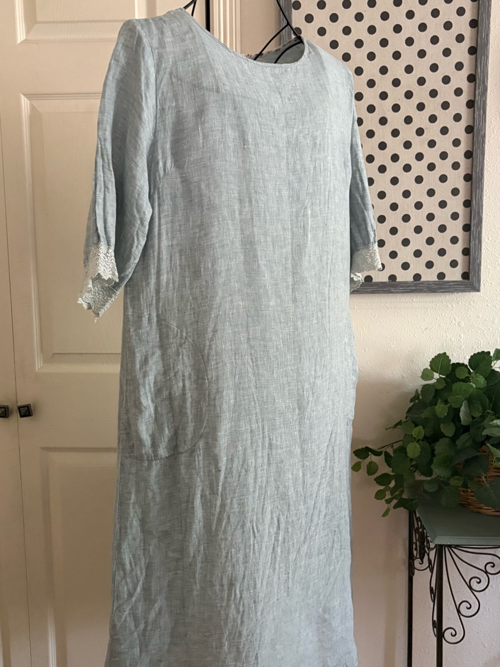 Eileen Fisher Soft Light Blue Linen Shift Dress with Lace Cuff